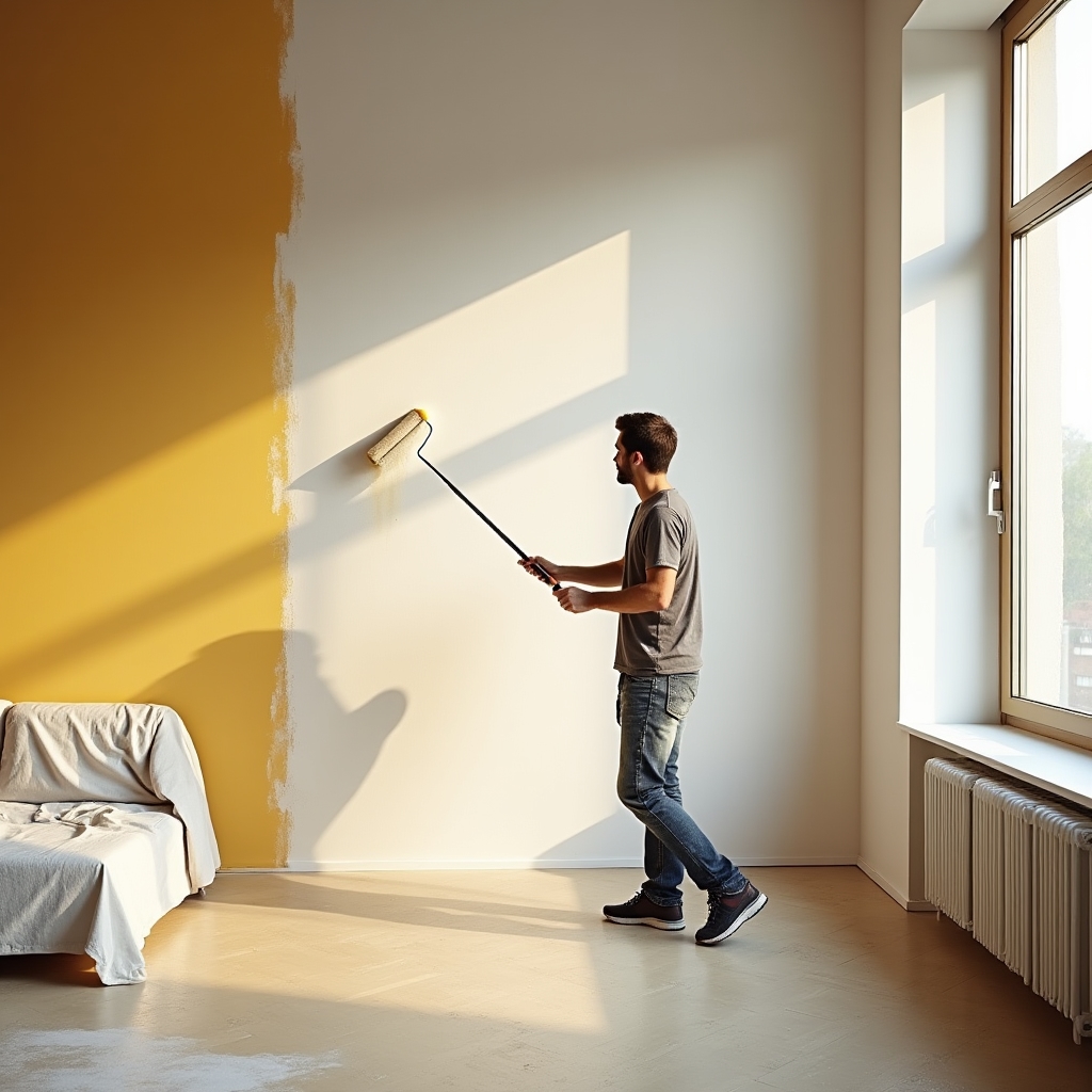 Applicazione di idropittura bianca su pareti di un ufficio moderno