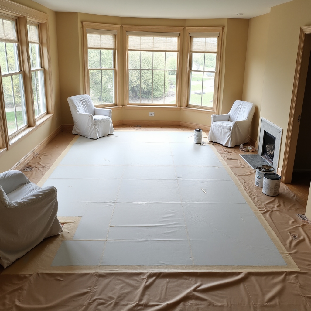 Pavimento in parquet protetto con teli di carta prima della tinteggiatura