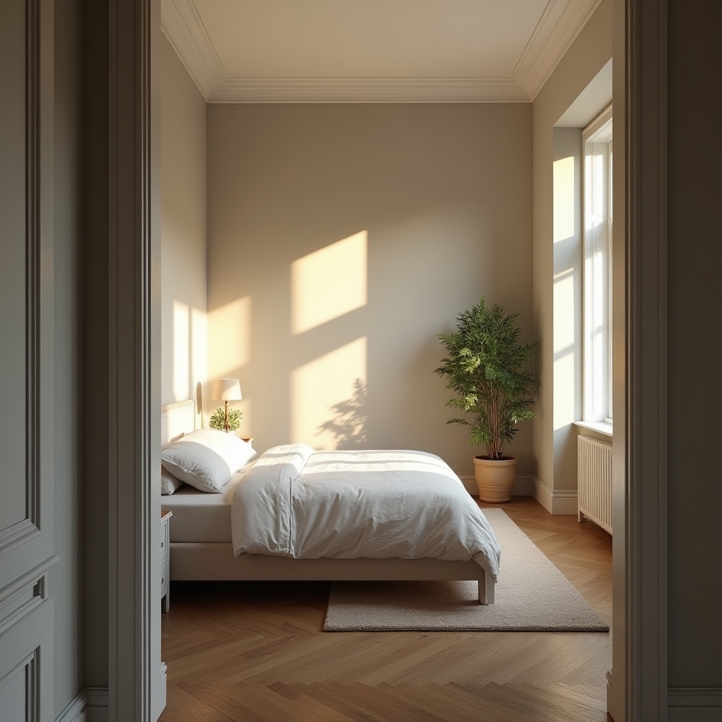 Camera da letto con tinteggiatura completata, pareti in grigio perla e finiture precise