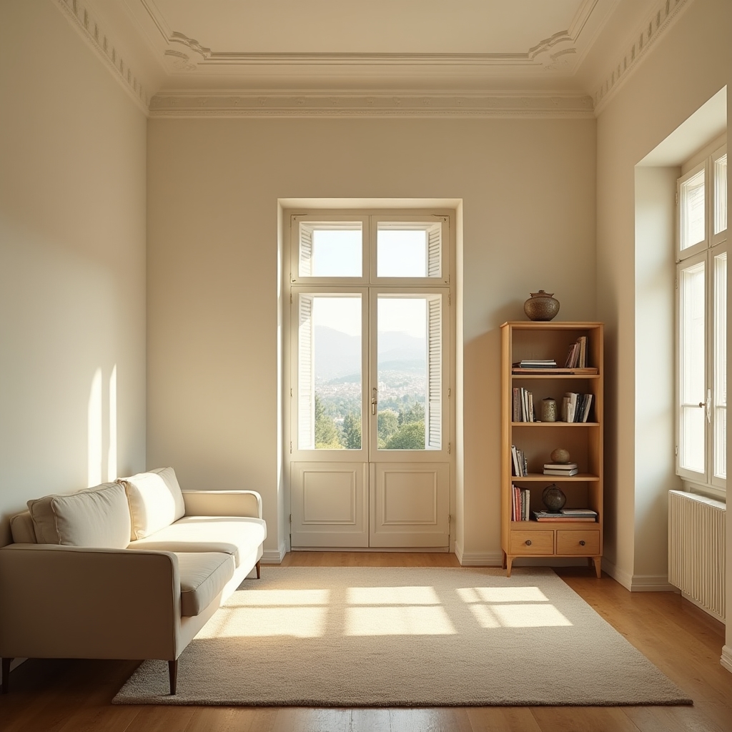 Soggiorno di appartamento residenziale con pareti appena tinteggiate in bianco caldo