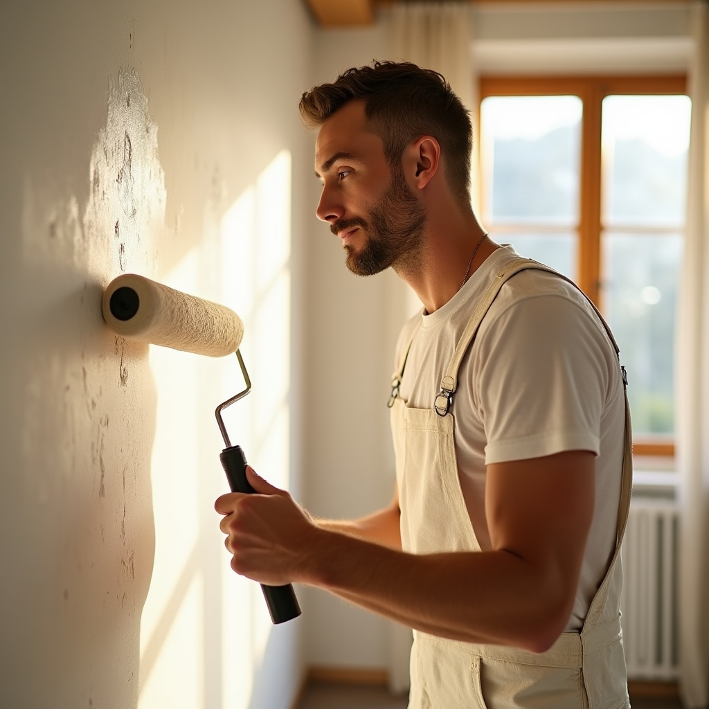 Pittore professionista che applica idropittura bianca su parete di appartamento a Genova