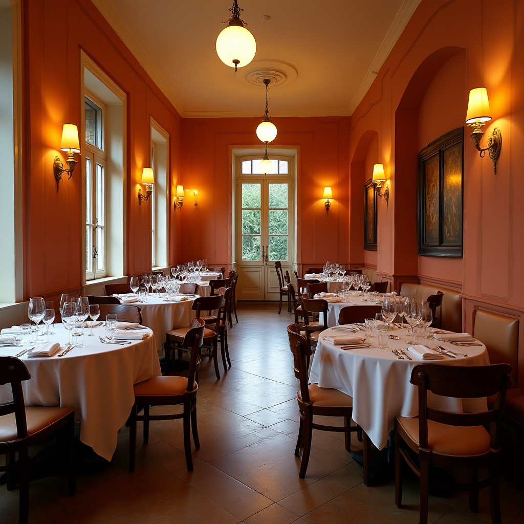 Sala di ristorante elegante con pareti appena tinteggiate in toni caldi, tavoli apparecchiati