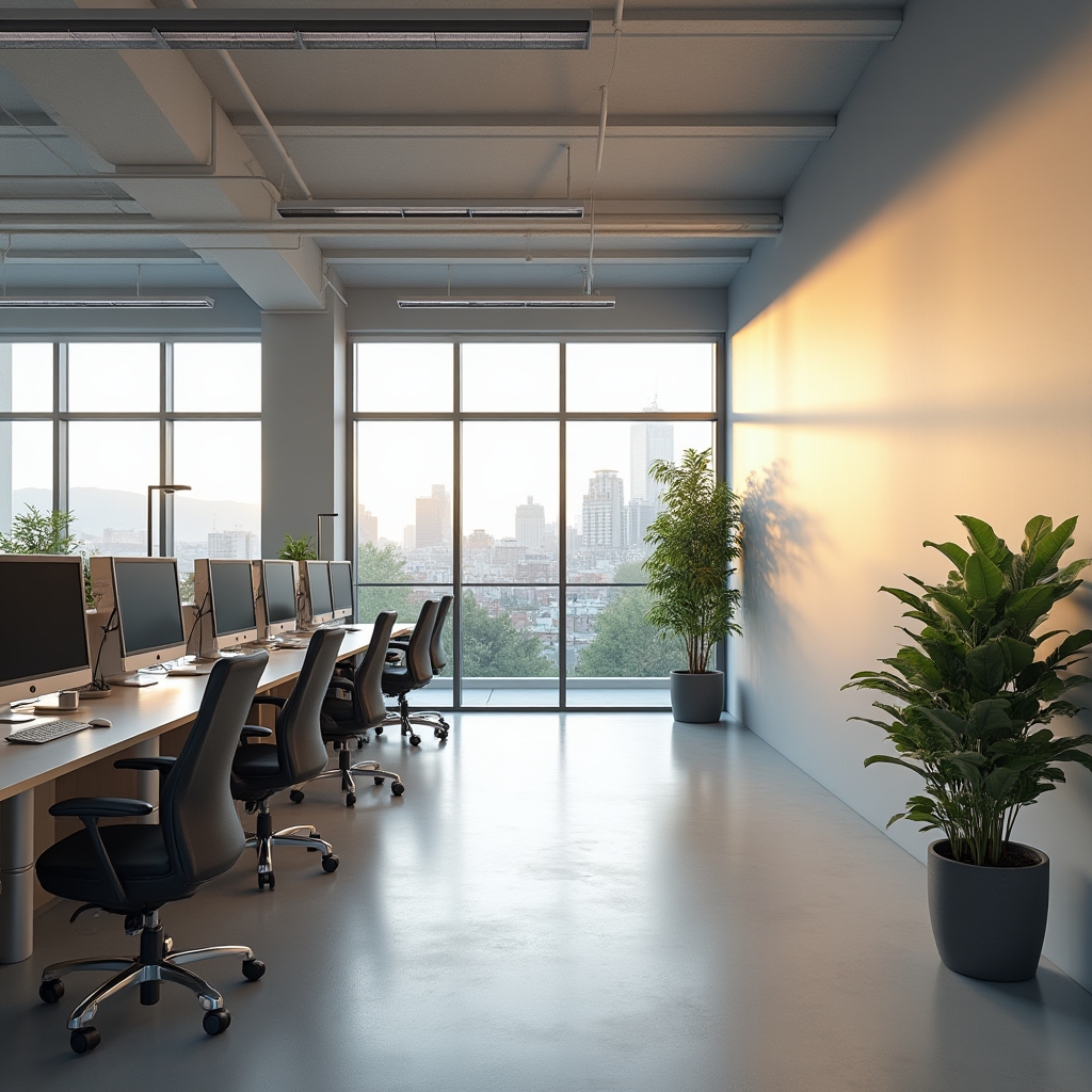 Ufficio open space con pareti dipinte in grigio chiaro e arredi moderni
